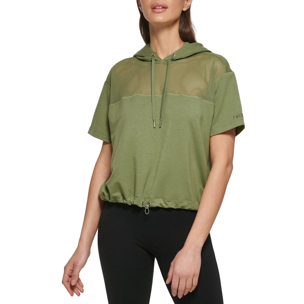 DKNY Women's Mesh Blocked Short Sleeve Hoodie, Army Green, X-Large 11715